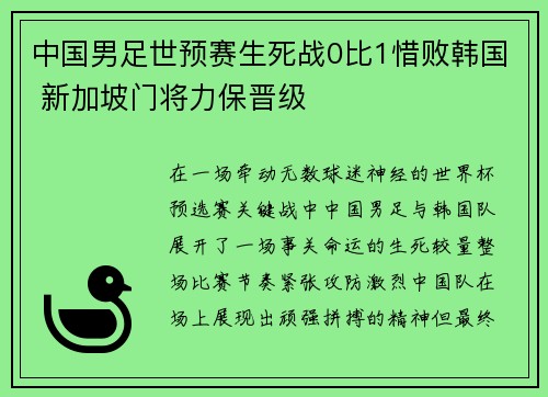 中国男足世预赛生死战0比1惜败韩国 新加坡门将力保晋级